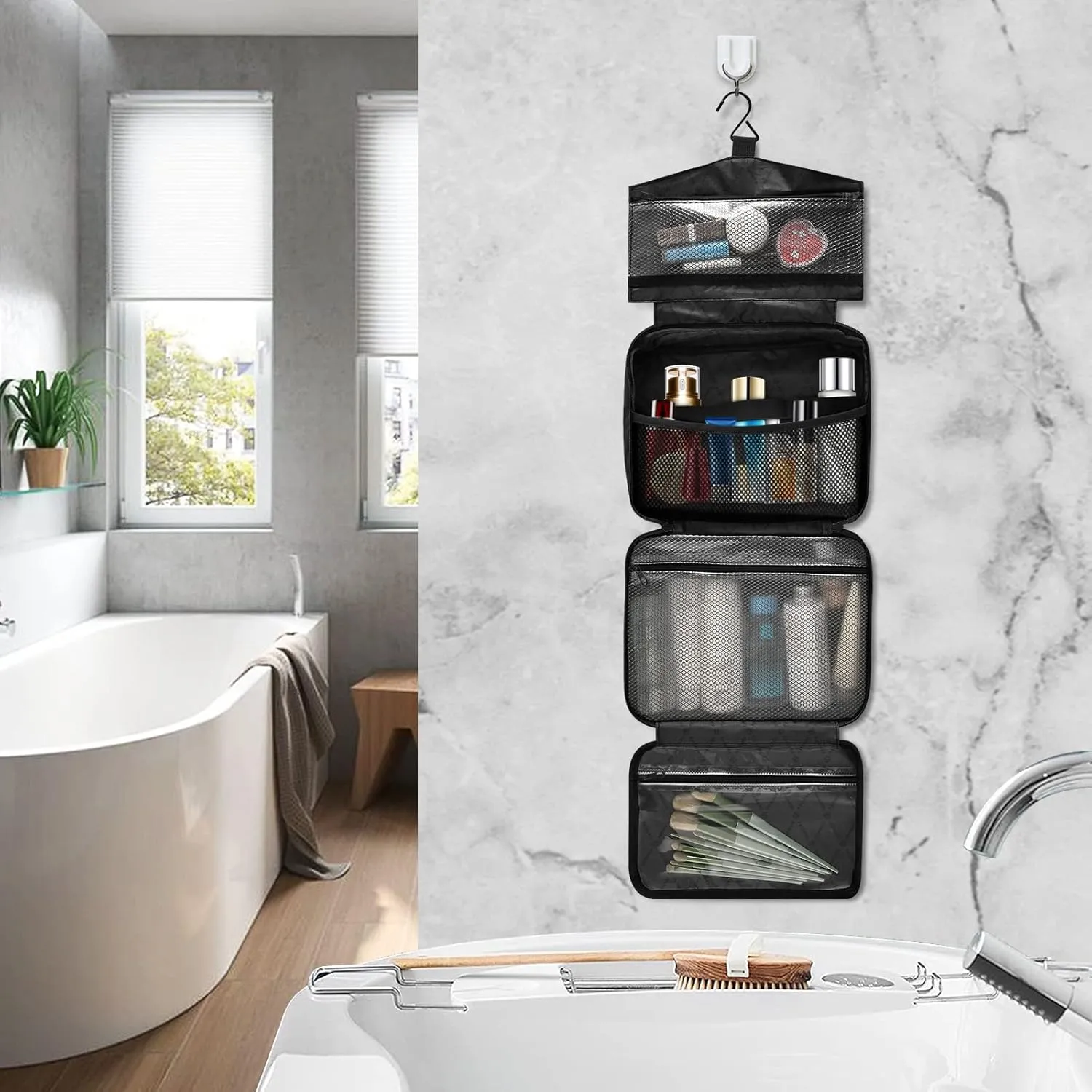 Black White Liquid Marble Agate Slab Paint Pastel Macro Wavy Women's Portable Makeup Bag with Handle Cosmetic Bag, Twill Cloth Travel Cosmetic Bag, Polyester Toiletry Bag for Women L Size