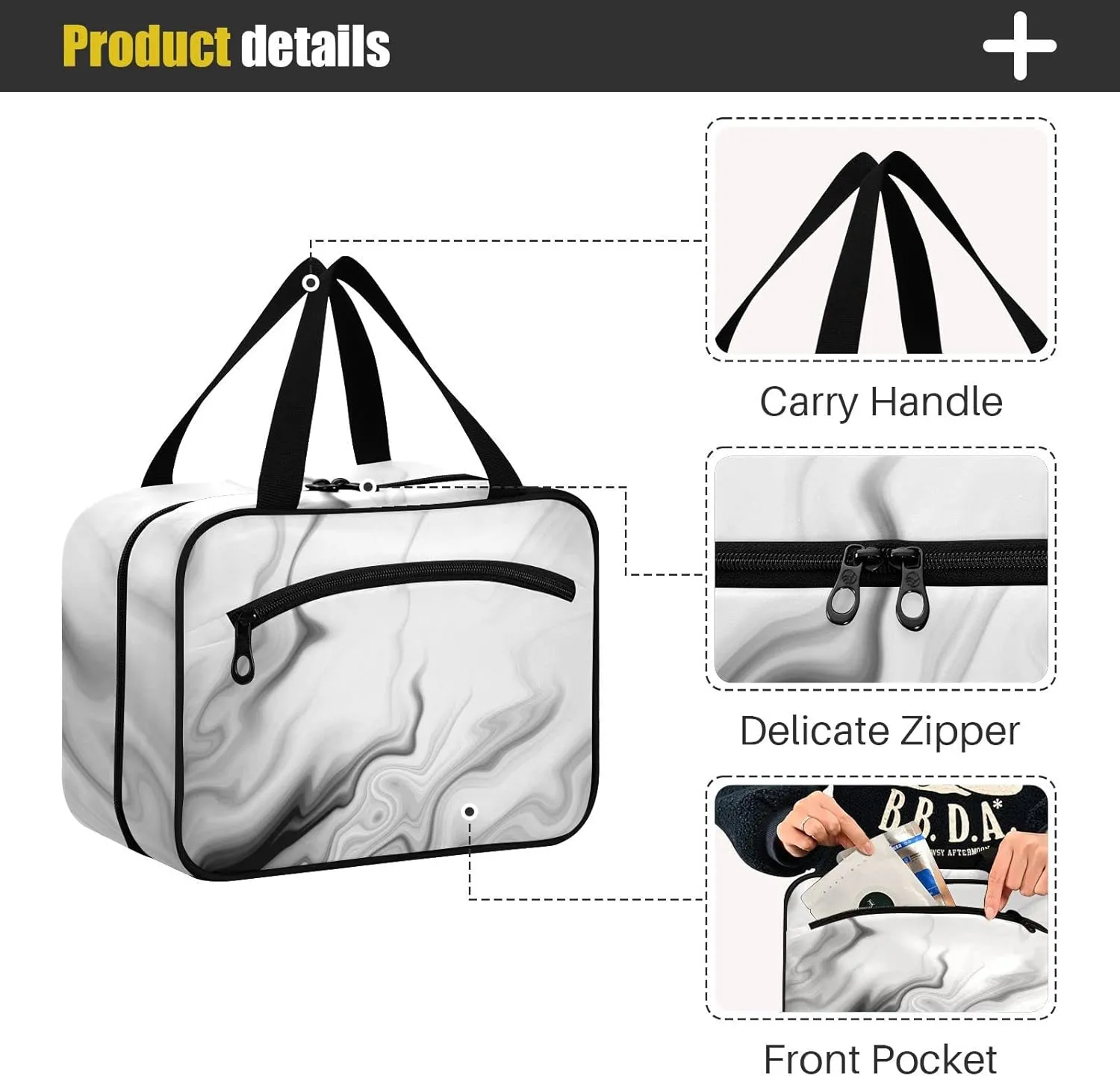 Black White Liquid Marble Agate Slab Paint Pastel Macro Wavy Women's Portable Makeup Bag with Handle Cosmetic Bag, Twill Cloth Travel Cosmetic Bag, Polyester Toiletry Bag for Women L Size