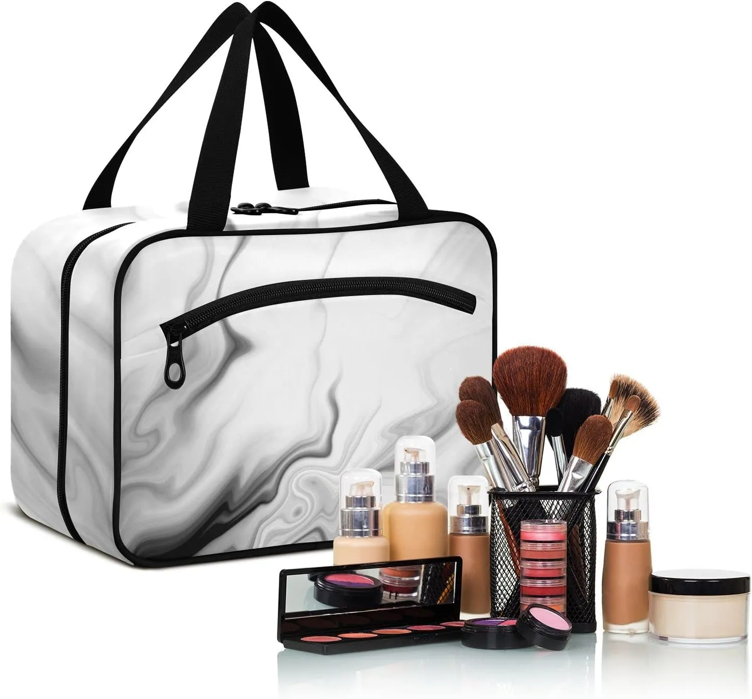 Black White Liquid Marble Agate Slab Paint Pastel Macro Wavy Women's Portable Makeup Bag with Handle Cosmetic Bag, Twill Cloth Travel Cosmetic Bag, Polyester Toiletry Bag for Women L Size