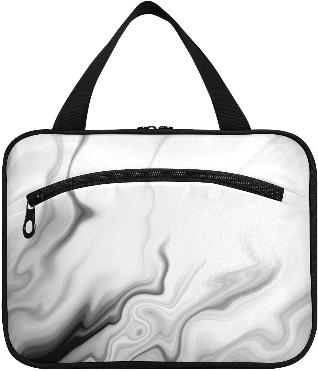 Black White Liquid Marble Agate Slab Paint Pastel Macro Wavy Women's Portable Makeup Bag with Handle Cosmetic Bag, Twill Cloth Travel Cosmetic Bag, Polyester Toiletry Bag for Women L Size