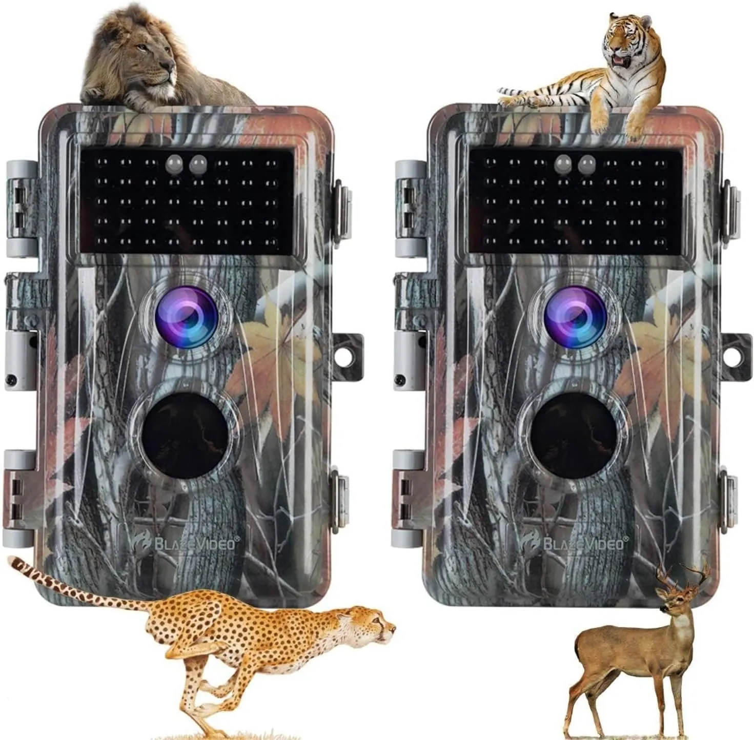 BLAZEVIDEO 2-Pack Trail Game Cameras 48MP 1296P Video No Glow Night Vision 110° Field of View Motion Activated IP66 Waterproof for Outdoor Wildlife Hunting, Animal Observation, Backyard Security