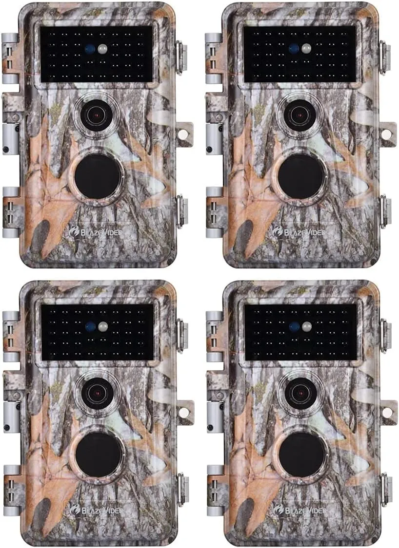 BLAZEVIDEO 4-Pack Game & Deer Trail Cameras 32MP 2304x1296P H.264 Video for Hunting Wildlife and Home Security No Glow Night Vision Time Lapse Motion Activated Waterproof & Password Protected