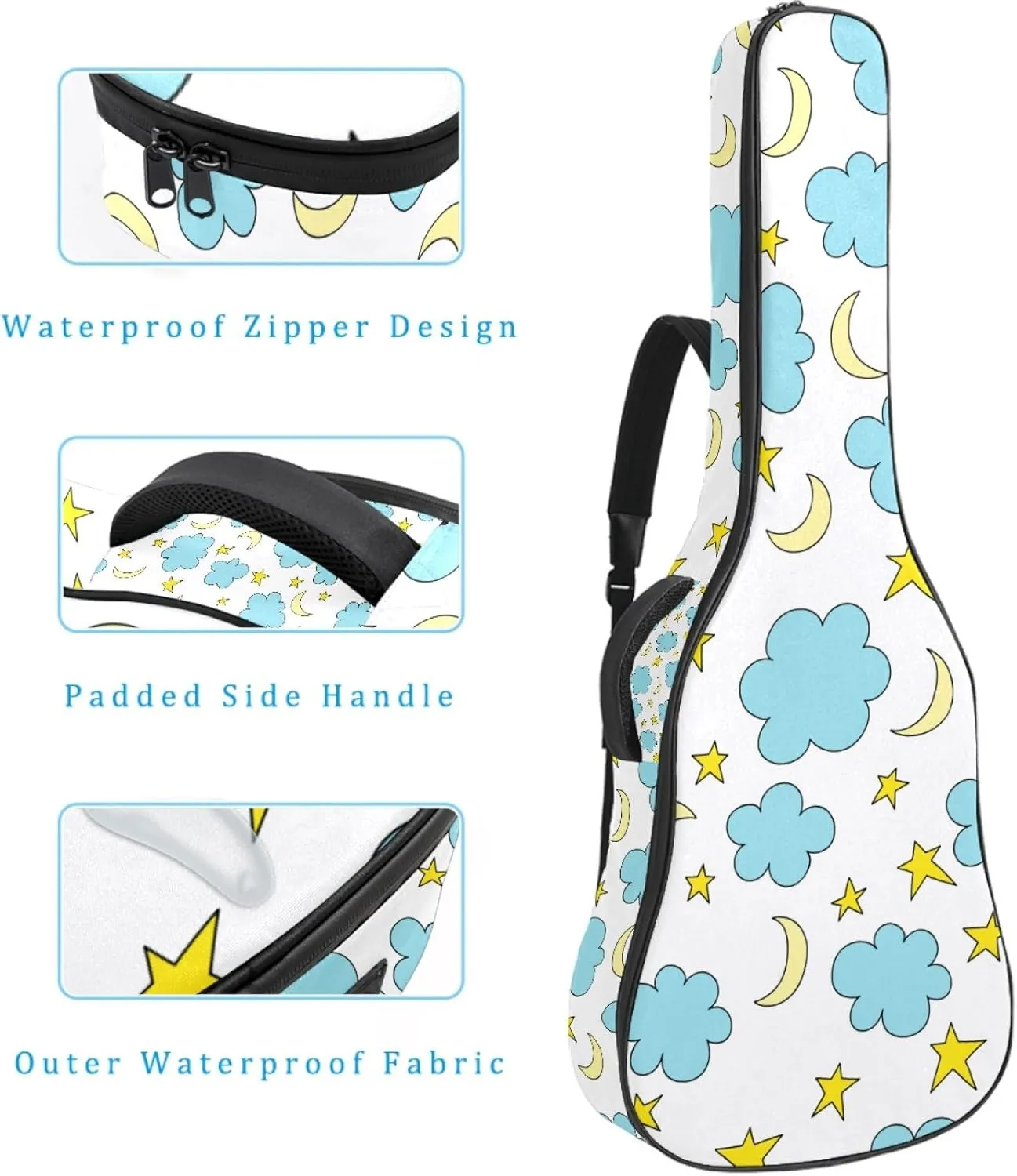 Blue Clouds and Stars Guitar Bag 40 41 42 In 2 Pockets Guitar Case Waterproof Guitar Case Resistent Oxford Cloth 0.4 In Extra Thick Sponge Padded for Acoustic Guitar