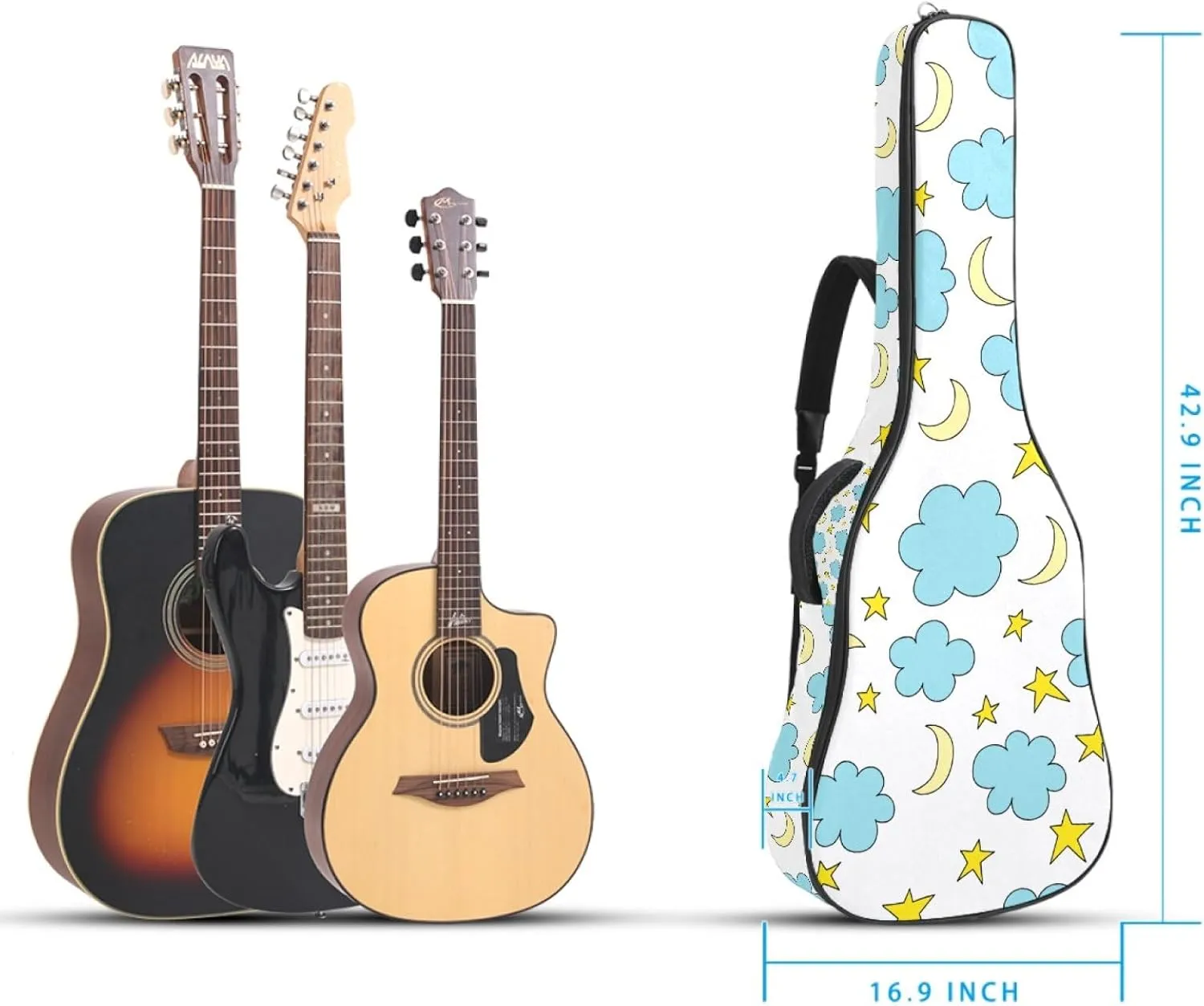 Blue Clouds and Stars Guitar Bag 40 41 42 In 2 Pockets Guitar Case Waterproof Guitar Case Resistent Oxford Cloth 0.4 In Extra Thick Sponge Padded for Acoustic Guitar