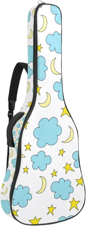 Blue Clouds and Stars Guitar Bag 40 41 42 In 2 Pockets Guitar Case Waterproof Guitar Case Resistent Oxford Cloth 0.4 In Extra Thick Sponge Padded for Acoustic Guitar