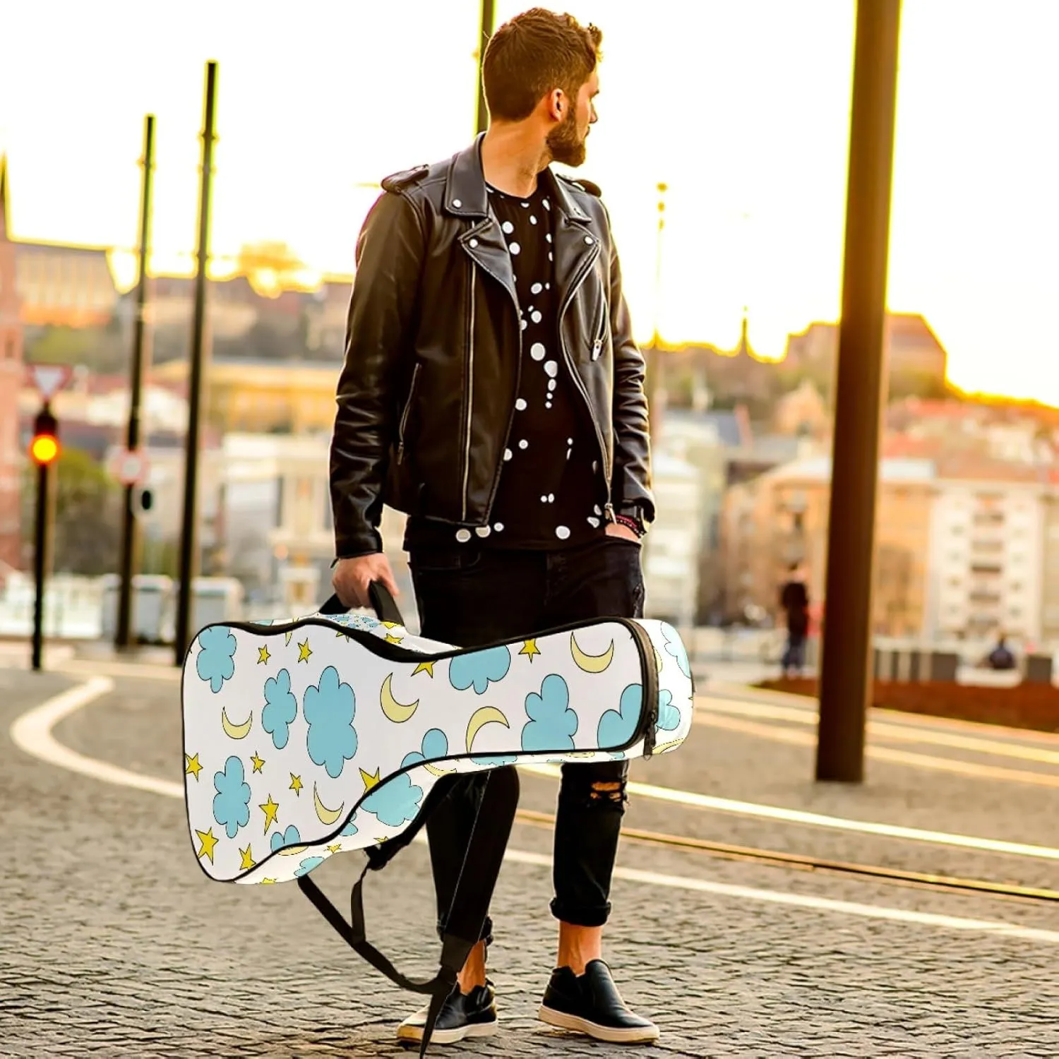 Blue Clouds and Stars Guitar Bag 40 41 42 In 2 Pockets Guitar Case Waterproof Guitar Case Resistent Oxford Cloth 0.4 In Extra Thick Sponge Padded for Acoustic Guitar