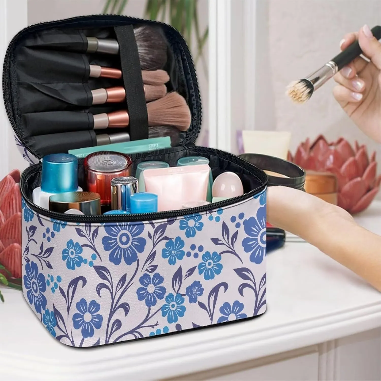 Blue Floral Make Up Cases Organizers and Storage Travel Large Cosmetic Bags for Women with Handles Ethnic Style Portable Makeup Bag for Purse Portable Toiletry Organizer
