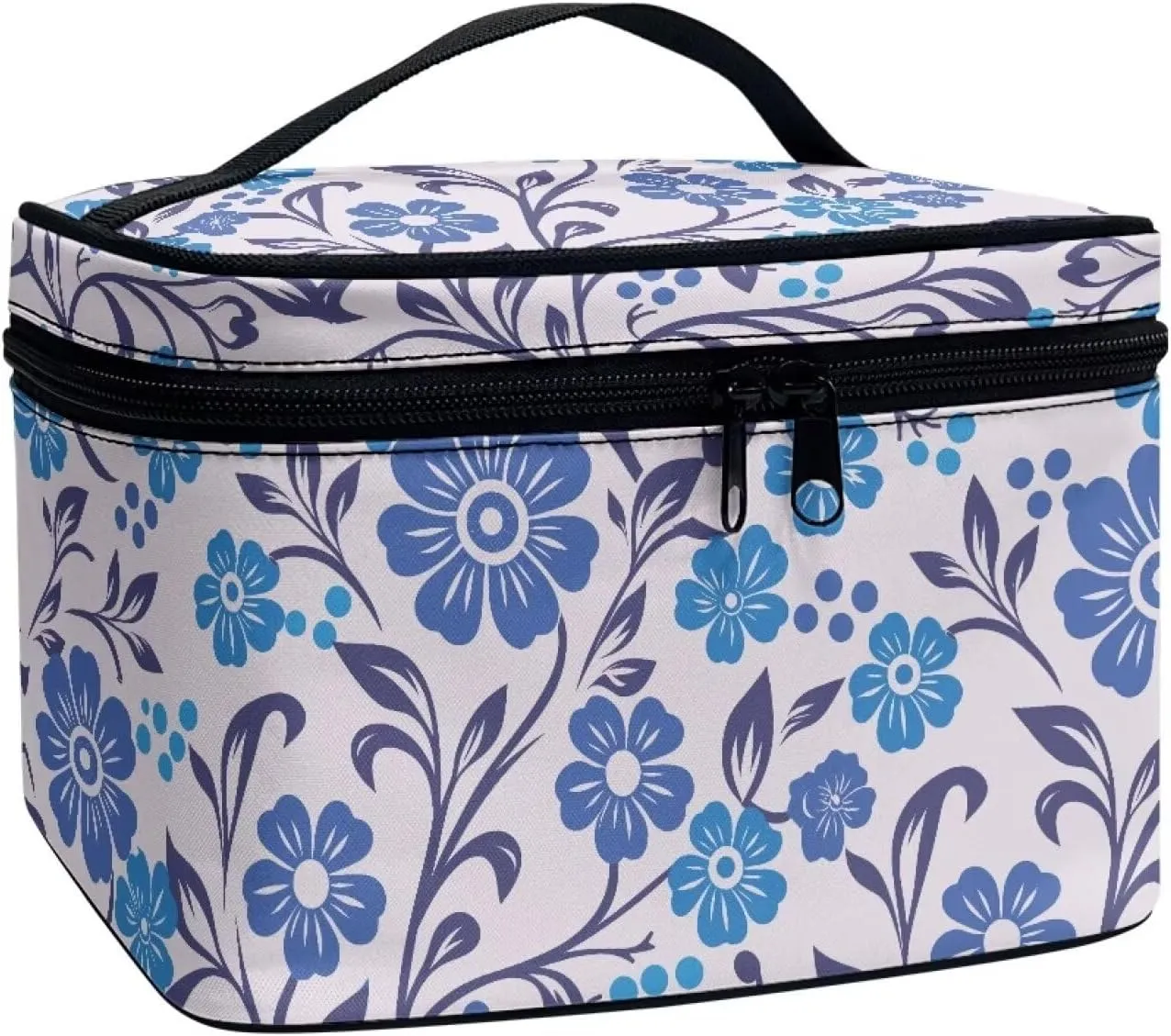 Blue Floral Make Up Cases Organizers and Storage Travel Large Cosmetic Bags for Women with Handles Ethnic Style Portable Makeup Bag for Purse Portable Toiletry Organizer