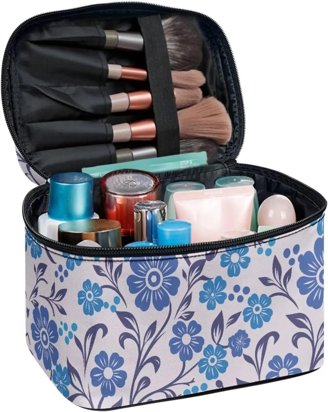 Blue Floral Make Up Cases Organizers and Storage Travel Large Cosmetic Bags for Women with Handles Ethnic Style Portable Makeup Bag for Purse Portable Toiletry Organizer