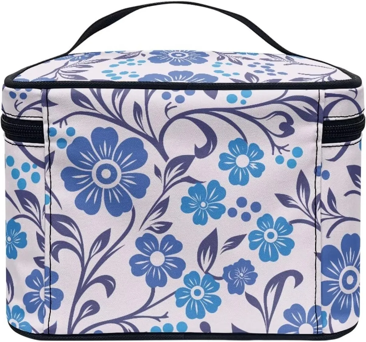 Blue Floral Make Up Cases Organizers and Storage Travel Large Cosmetic Bags for Women with Handles Ethnic Style Portable Makeup Bag for Purse Portable Toiletry Organizer