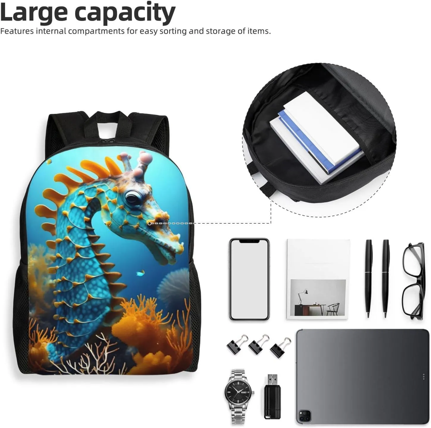Blue Seahorse Printed Travel Laptop Backpack for Men Women, Funny Daily Use Computer Bag, Waterproof Casual Daypack