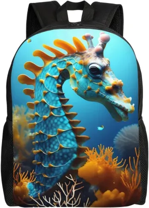 Blue Seahorse Printed Travel Laptop Backpack for Men Women, Funny Daily Use Computer Bag, Waterproof Casual Daypack