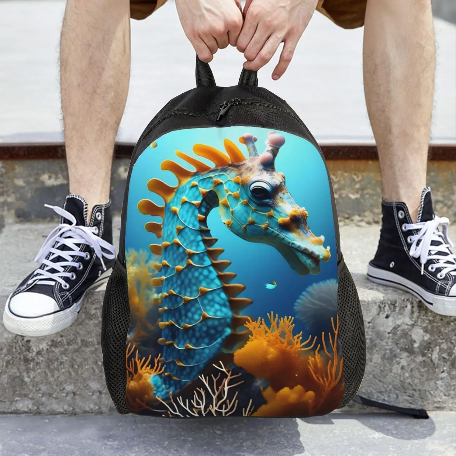 Blue Seahorse Printed Travel Laptop Backpack for Men Women, Funny Daily Use Computer Bag, Waterproof Casual Daypack