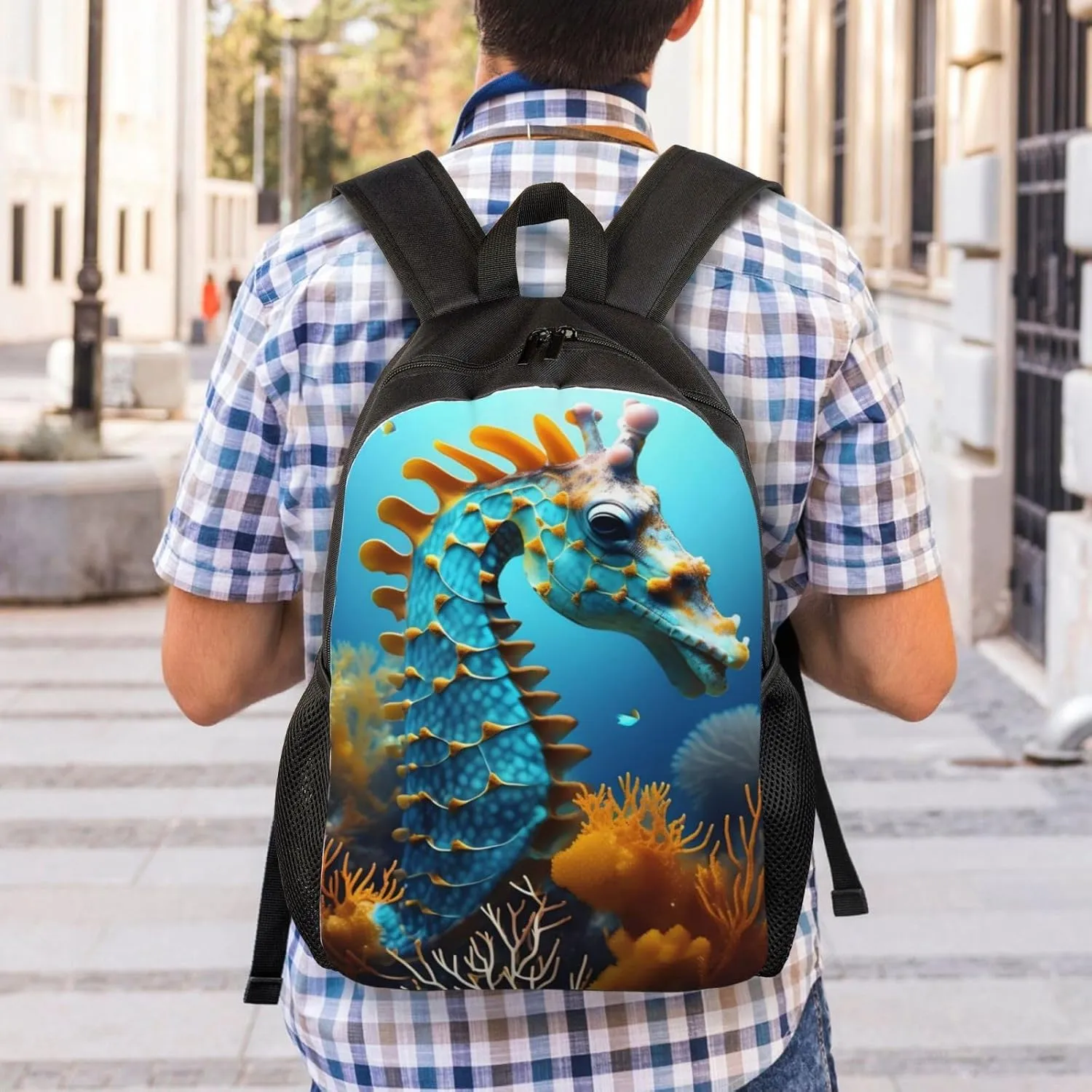 Blue Seahorse Printed Travel Laptop Backpack for Men Women, Funny Daily Use Computer Bag, Waterproof Casual Daypack