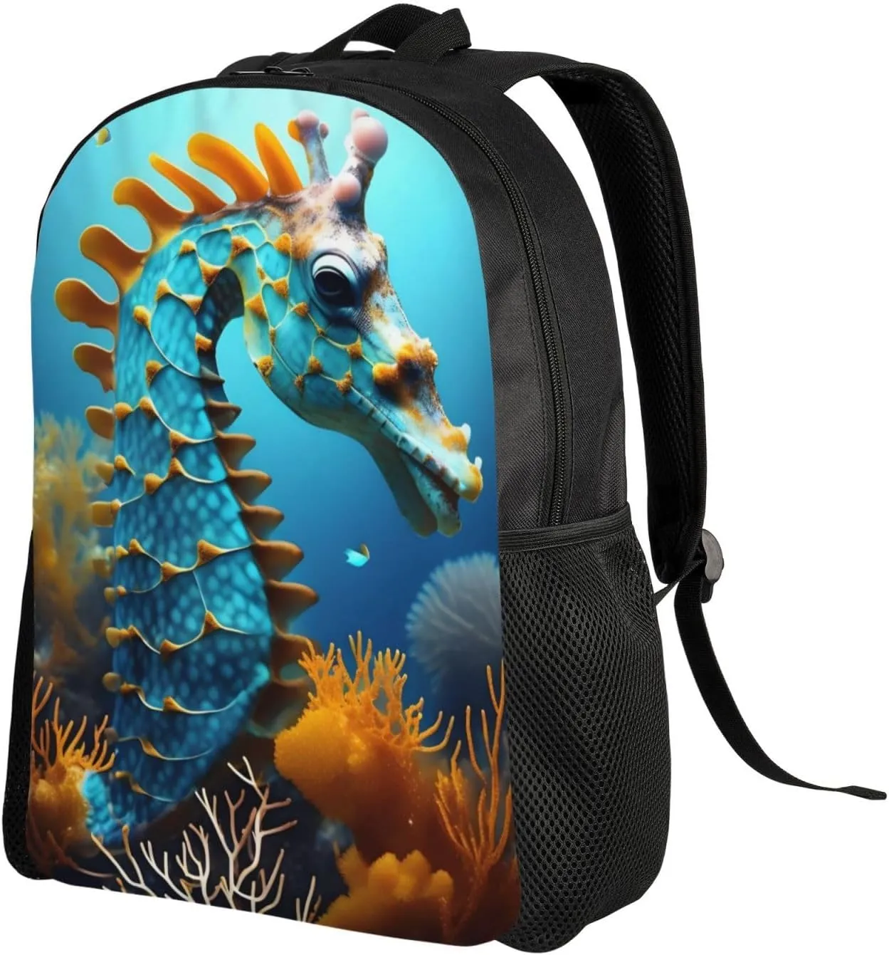 Blue Seahorse Printed Travel Laptop Backpack for Men Women, Funny Daily Use Computer Bag, Waterproof Casual Daypack