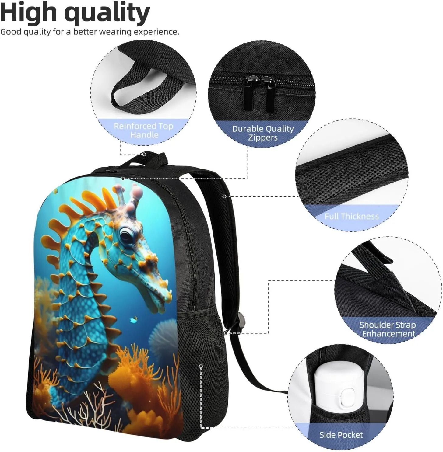 Blue Seahorse Printed Travel Laptop Backpack for Men Women, Funny Daily Use Computer Bag, Waterproof Casual Daypack