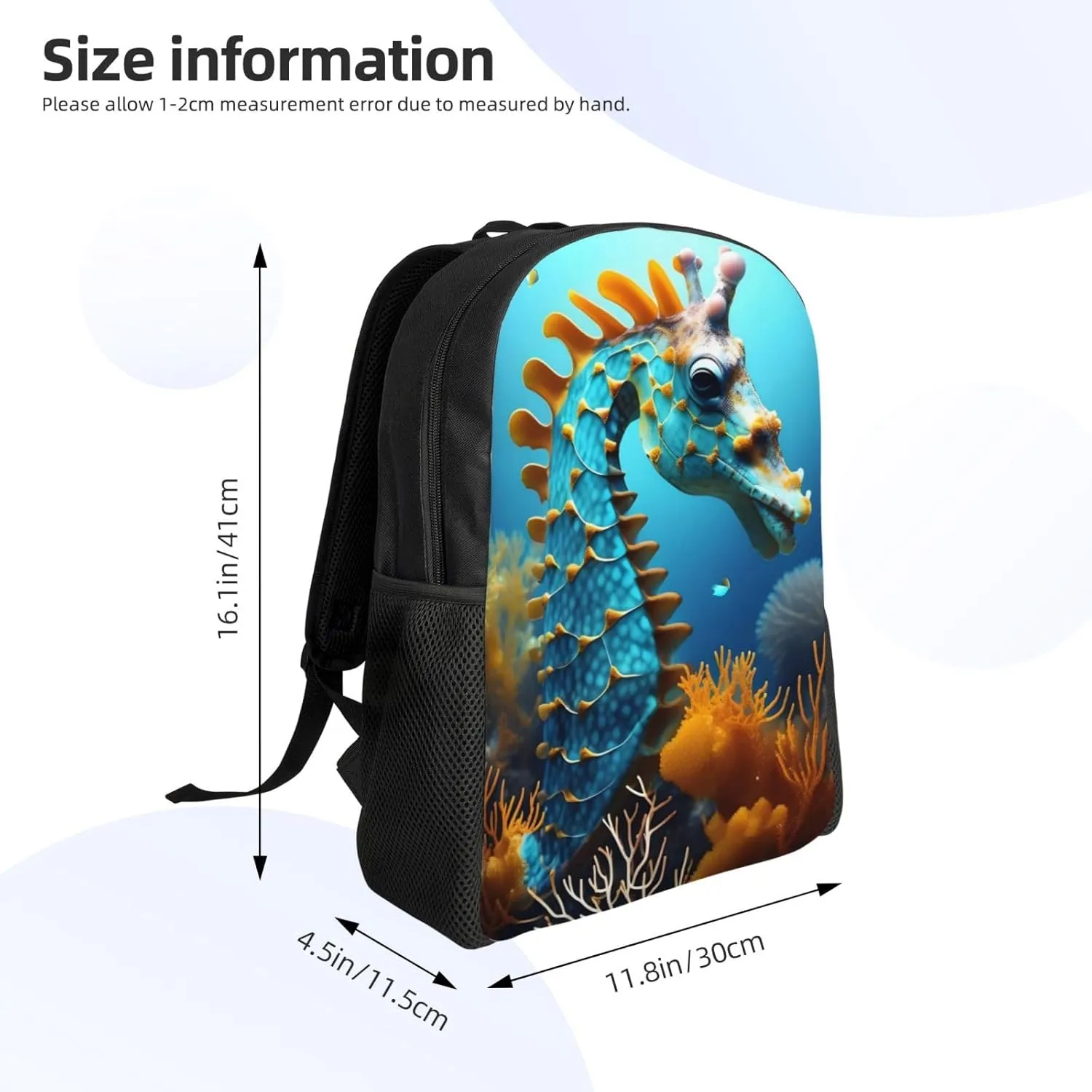 Blue Seahorse Printed Travel Laptop Backpack for Men Women, Funny Daily Use Computer Bag, Waterproof Casual Daypack