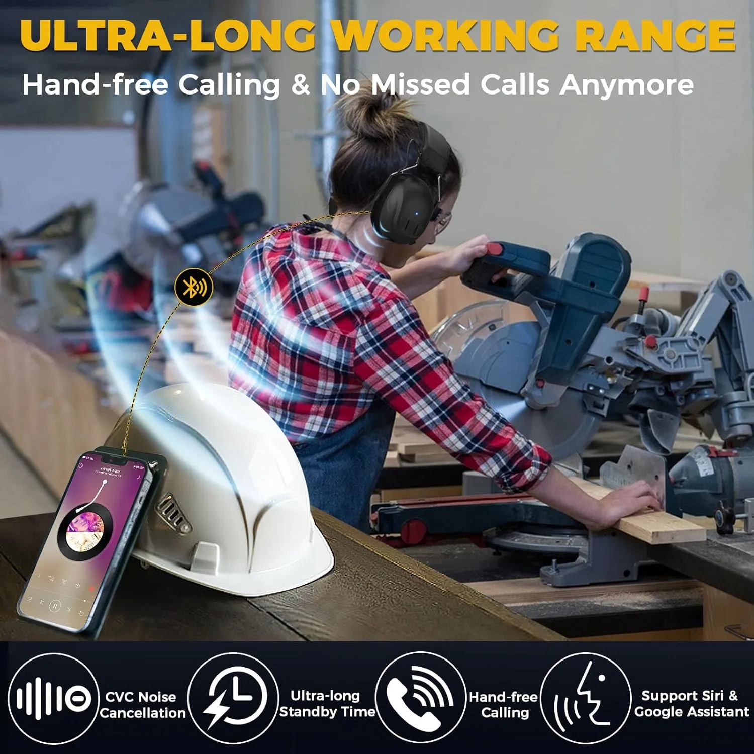 Bluetooth 5.4 Hearing Protection with 120H Working Time, 30dB Safety Earmuffs, Rechargeable Ear Protection Headphones with Mic for Mowing, Workshops, Construction, Snowblowing, Black