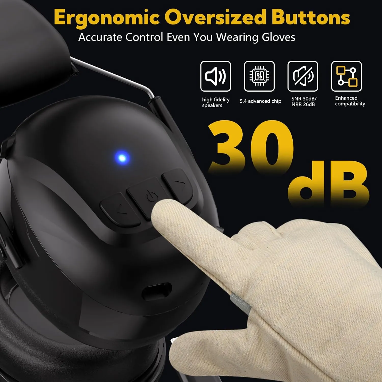 Bluetooth 5.4 Hearing Protection with 120H Working Time, 30dB Safety Earmuffs, Rechargeable Ear Protection Headphones with Mic for Mowing, Workshops, Construction, Snowblowing, Black