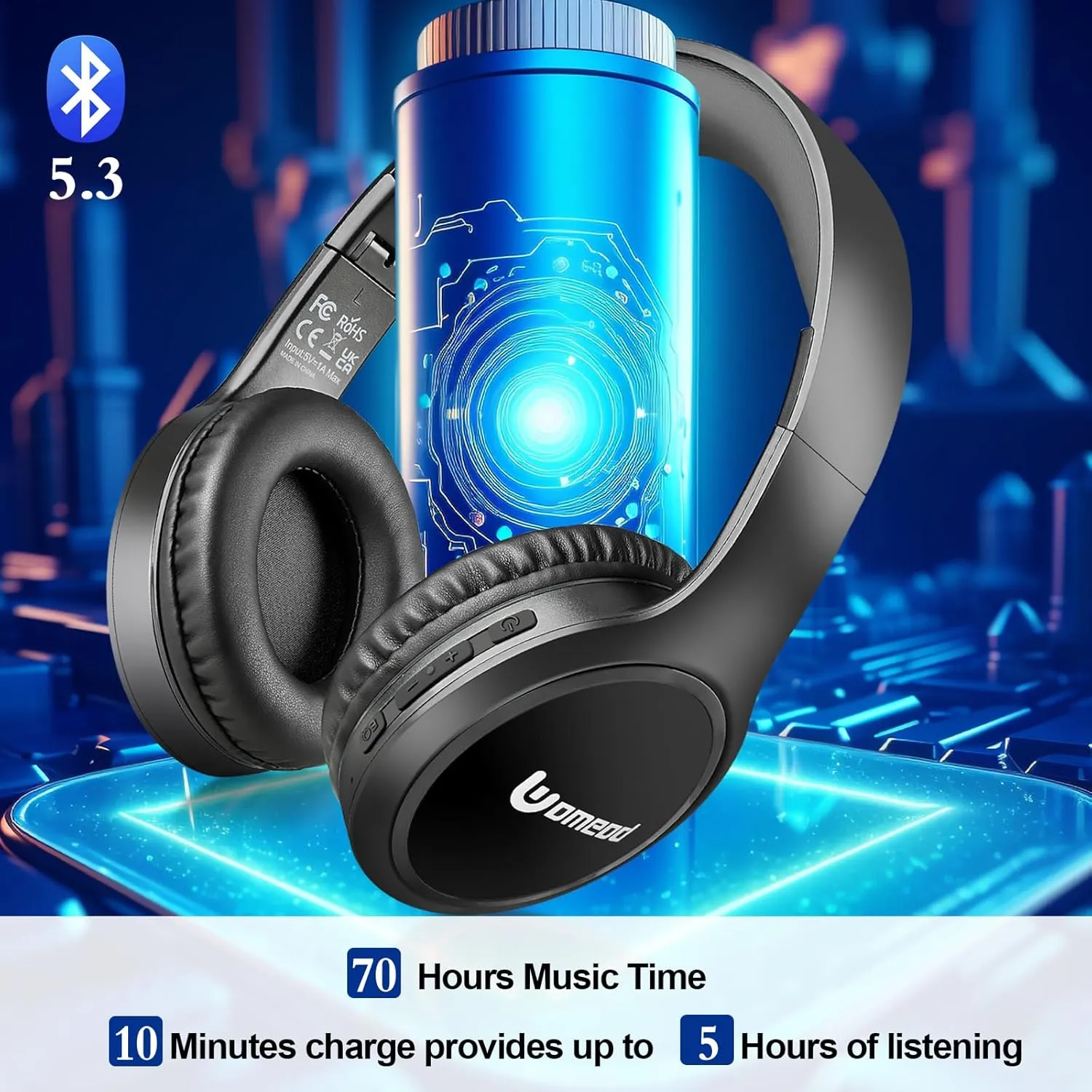 Bluetooth Headphones Over Ear, 70H Playtime and 3 EQ Music Modes Wireless Headphones with Microphone, HiFi Stereo Foldable Lightweight Headset, Deep Bass for Home Office Cellphone PC