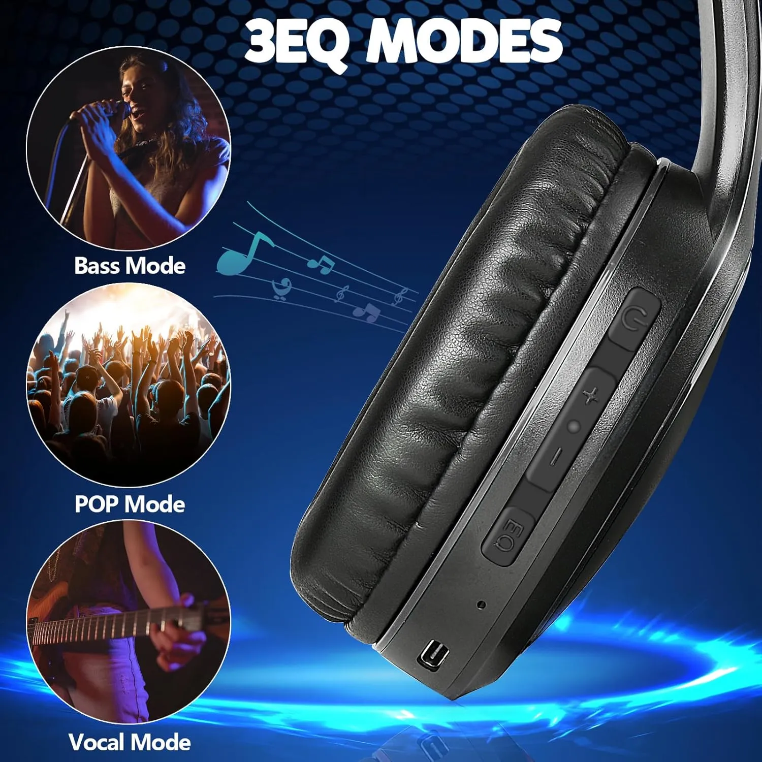 Bluetooth Headphones Over Ear, 70H Playtime and 3 EQ Music Modes Wireless Headphones with Microphone, HiFi Stereo Foldable Lightweight Headset, Deep Bass for Home Office Cellphone PC