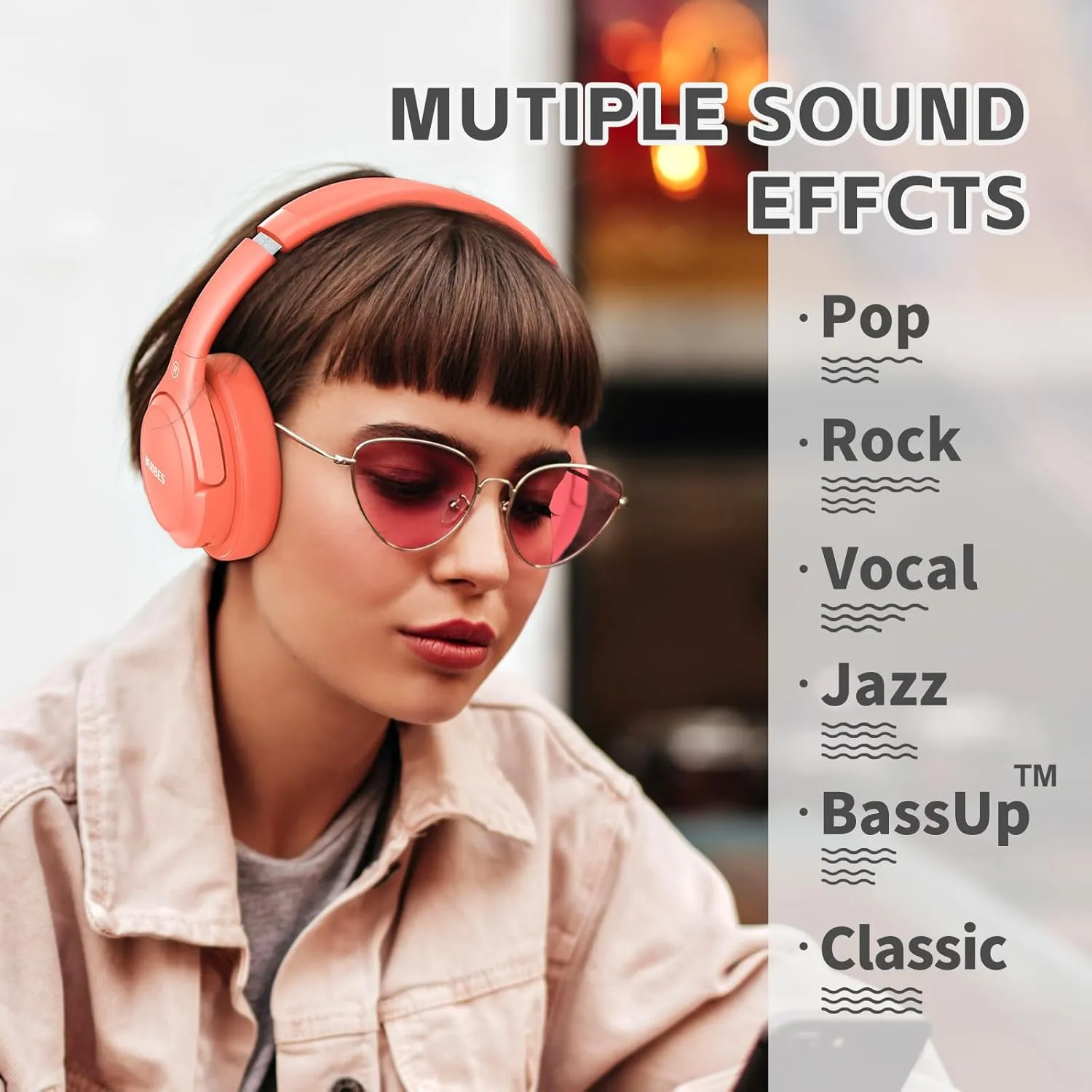 Bluetooth Headphones Over Ear,BERIBES 65H Playtime and 6 EQ Music Modes Wireless Headset with Microphone,HiFi Stereo Foldable Lightweight, Deep Bass for Home Office Outdoors Etc(Orange Red)