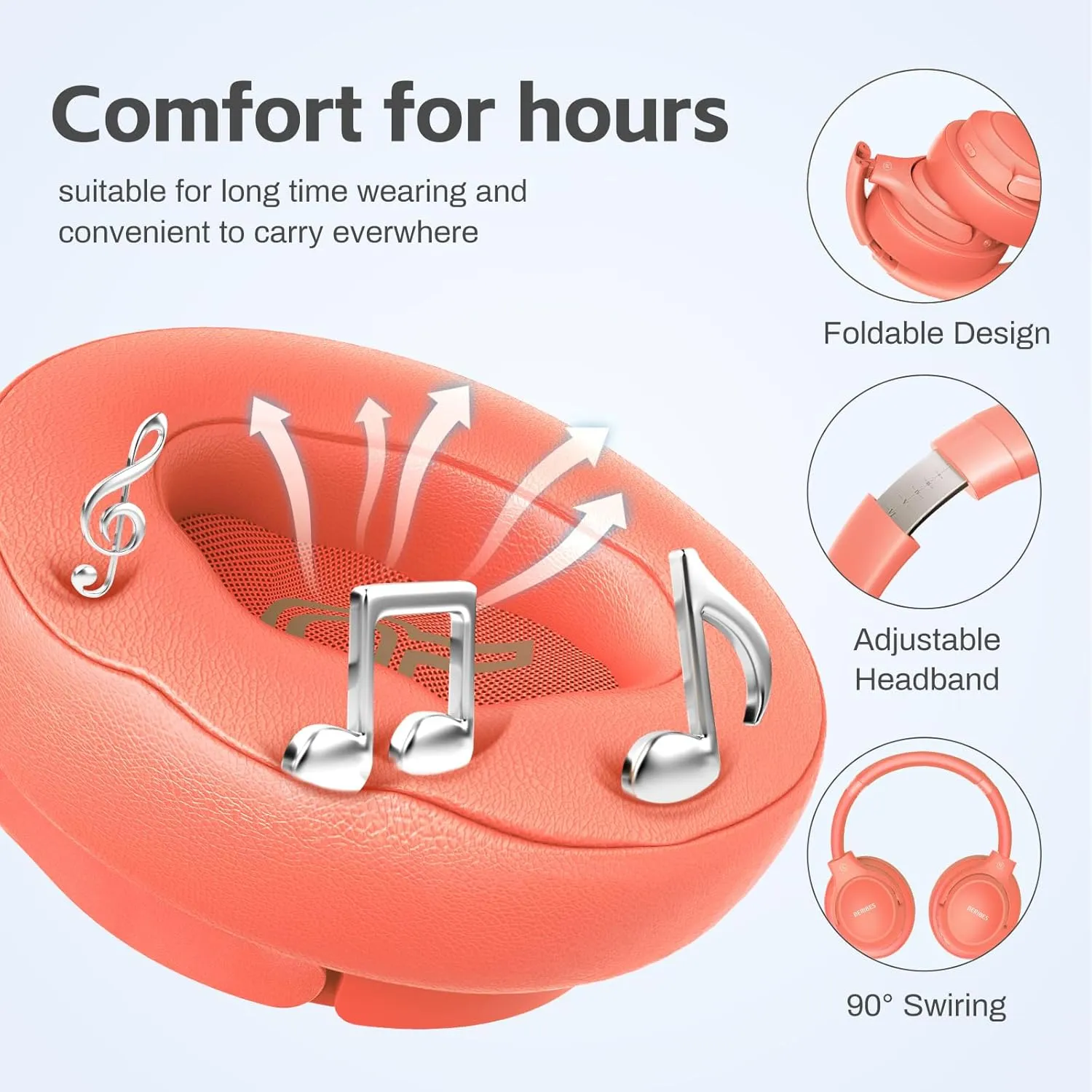 Bluetooth Headphones Over Ear,BERIBES 65H Playtime and 6 EQ Music Modes Wireless Headset with Microphone,HiFi Stereo Foldable Lightweight, Deep Bass for Home Office Outdoors Etc(Orange Red)