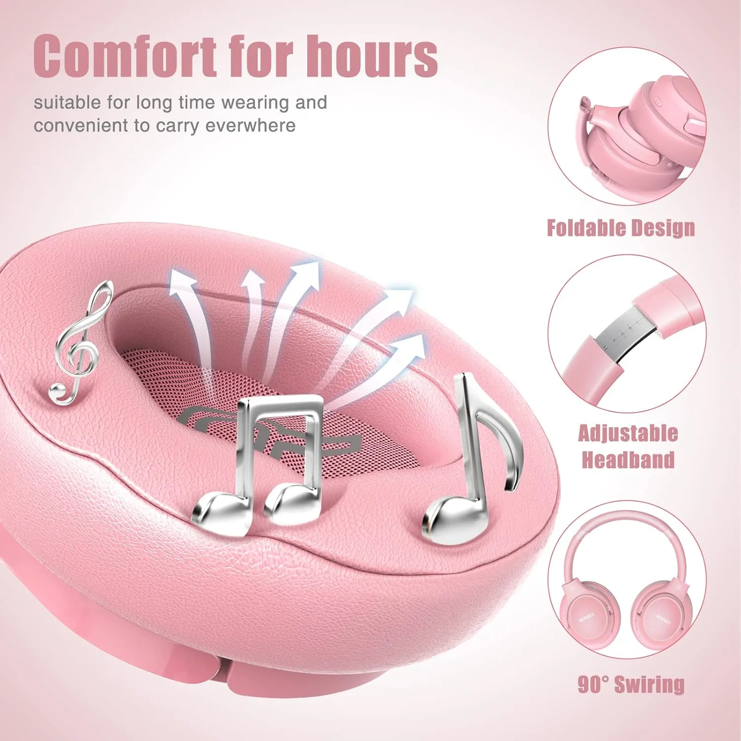 Bluetooth Wireless Headphones Over Ear,BERIBES 65H Playtime and 6 EQ Music Modes with Microphone, HiFi Stereo Foldable Lightweight Headset, Deep Bass for Home Office Cellphone PC Etc.(Pink)