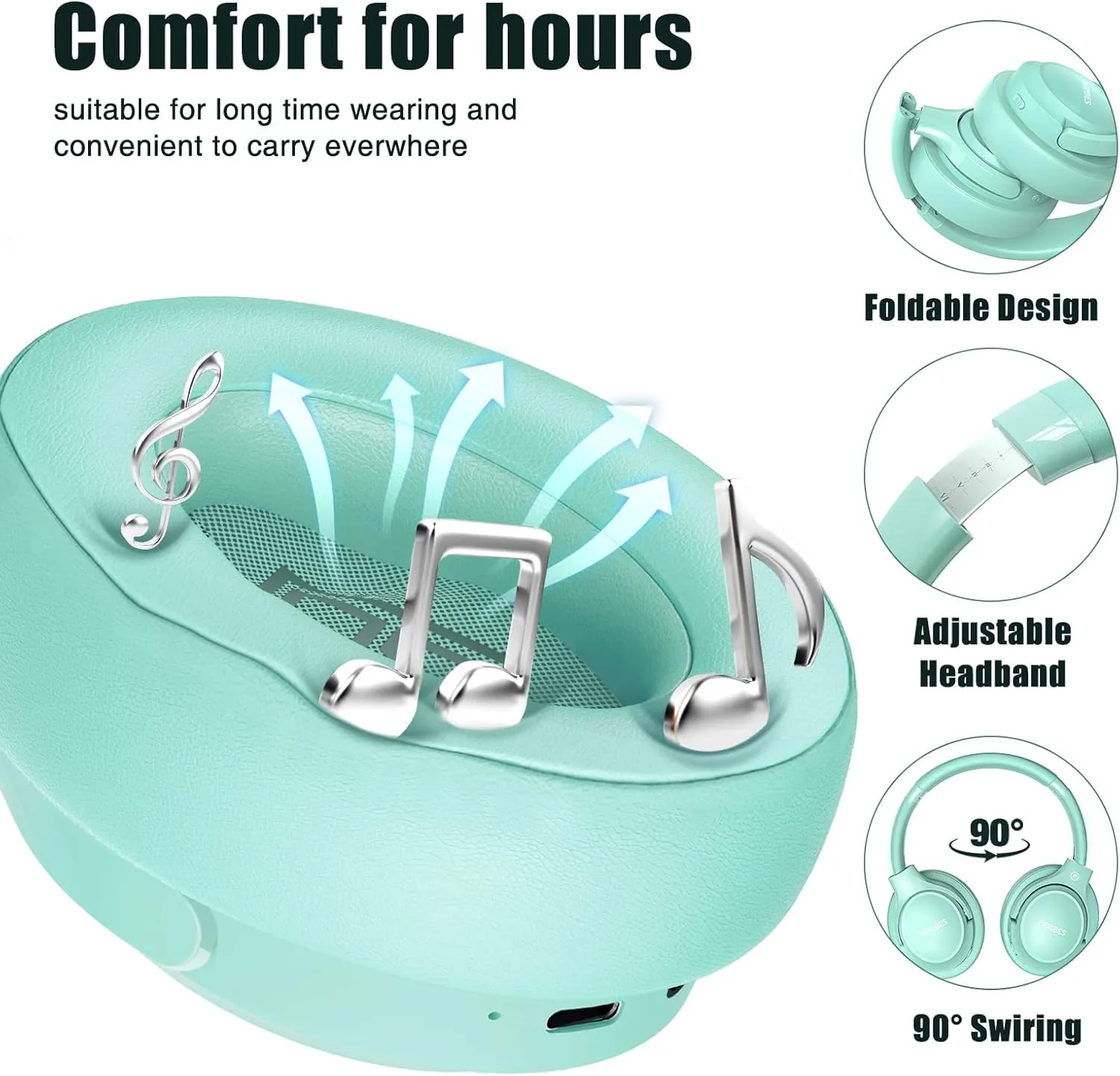 Bluetooth Wireless Headphones Over Ear,BERIBES 65H Playtime and 6 EQ Music Modes with Microphone,HiFi Stereo Foldable Lightweight Headset, Deep Bass for Home Office Cellphone PC Etc.(Green)