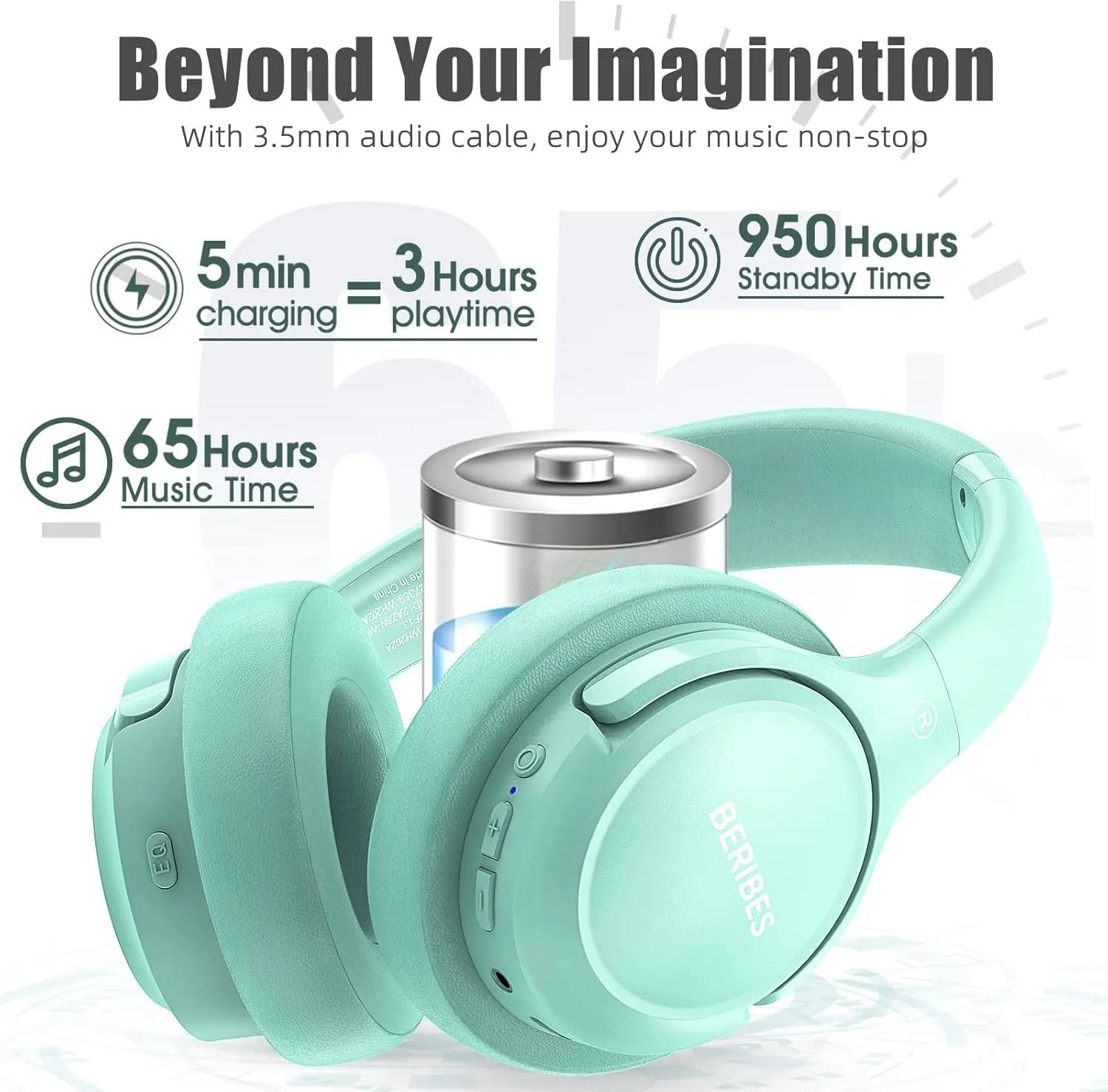 Bluetooth Wireless Headphones Over Ear,BERIBES 65H Playtime and 6 EQ Music Modes with Microphone,HiFi Stereo Foldable Lightweight Headset, Deep Bass for Home Office Cellphone PC Etc.(Green)