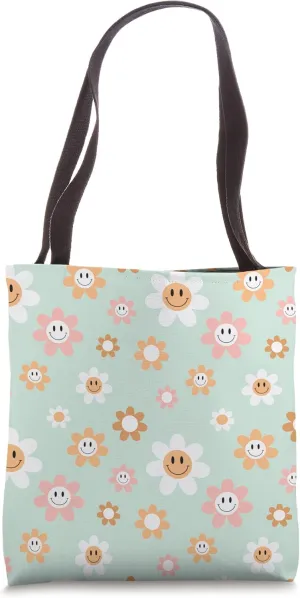 Boho Rainbow Happy Face Minimal Bohemian 90s Aesthetic Tote Bag