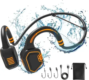 Bone Conduction Waterproof Swimming Headphones - IP68 Waterproof Swimming Headphones Inductive Open Ear Wireless Bluetooth Sports Headset with MP3 Play 32G Memory for Running Swimming (Orange)