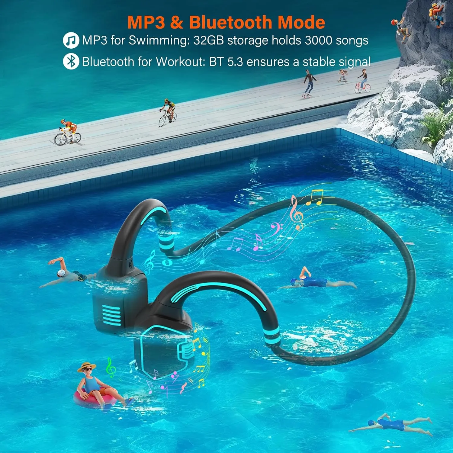 Bone Conduction Waterproof Swimming Headphones - IP68 Waterproof Swimming Headphones Inductive Open Ear Wireless Bluetooth Sports Headset with MP3 Play 32G Memory for Running Swimming (Orange)