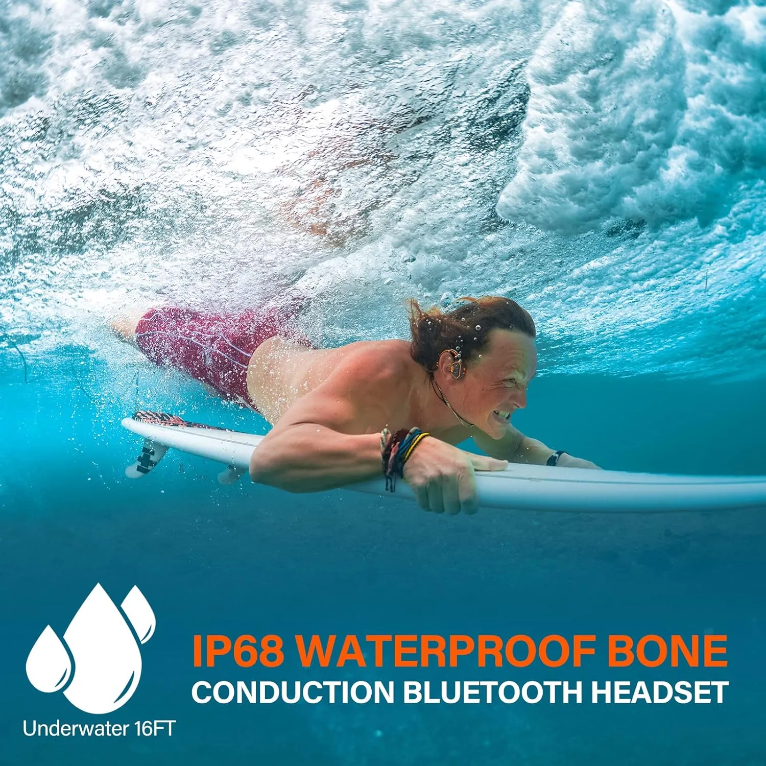 Bone Conduction Waterproof Swimming Headphones - IP68 Waterproof Swimming Headphones Inductive Open Ear Wireless Bluetooth Sports Headset with MP3 Play 32G Memory for Running Swimming (Orange)