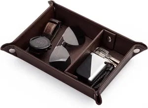 BONNY DODO Valet Tray for Men PU Leather Tray Organizer with Partition, Storage Keys, Watch & Practical Storage for Table Nightstand Living Room Bedroom (Dark Brown)