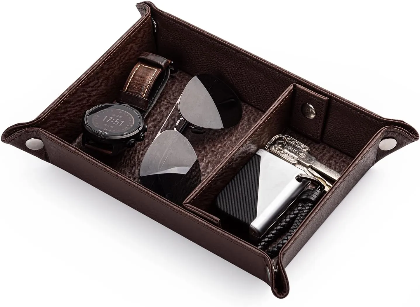 BONNY DODO Valet Tray for Men PU Leather Tray Organizer with Partition, Storage Keys, Watch & Practical Storage for Table Nightstand Living Room Bedroom (Dark Brown)