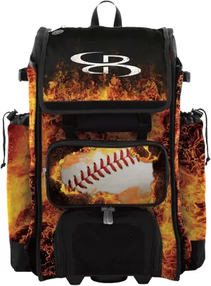 Boombah Catchers Superpack Hybrid Rolling Bat Bag - Fireball Black/Orange/White - Wheeled & Backpack Version