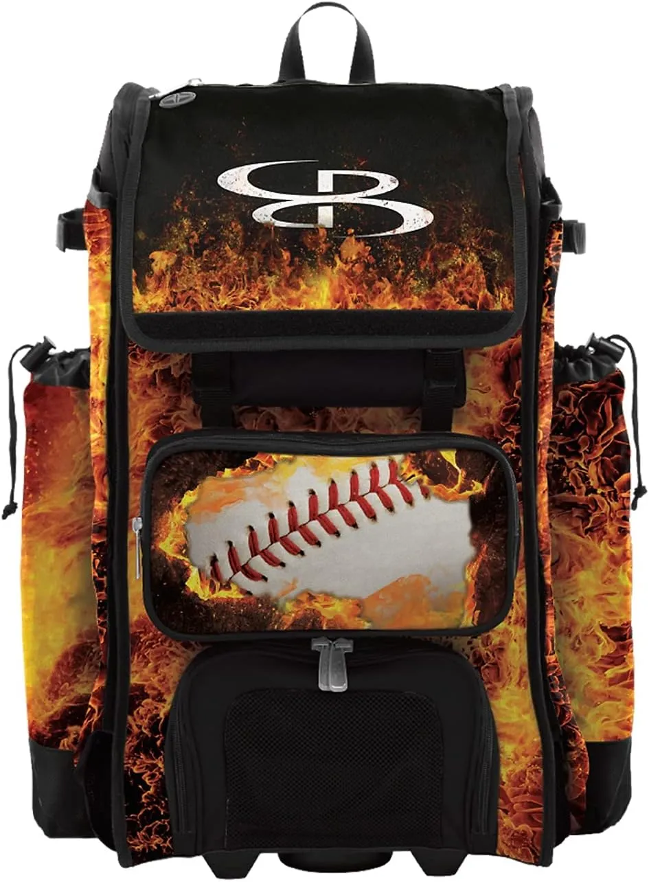 Boombah Catchers Superpack Hybrid Rolling Bat Bag - Fireball Black/Orange/White - Wheeled & Backpack Version