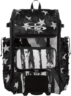 Boombah Rolling Catchers Superpack 2.0 Baseball/Softball Gear Bag - 23-1/2" x 13-1/2" x 9-1/2" - USA Stars & Stripes Black Ops Black/White - Telescopic Handle - Holds 4 Bats - Wheeled Version