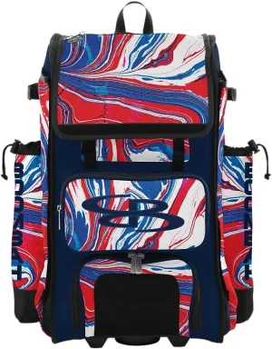 Boombah Rolling Catchers Superpack Baseball/Softball Gear Bag - 23-1/2" x 13-1/2" x 9-1/2" - Flow 2 Navy/Red/White - Telescopic Handle - Holds 4 Bats - Wheeled Version