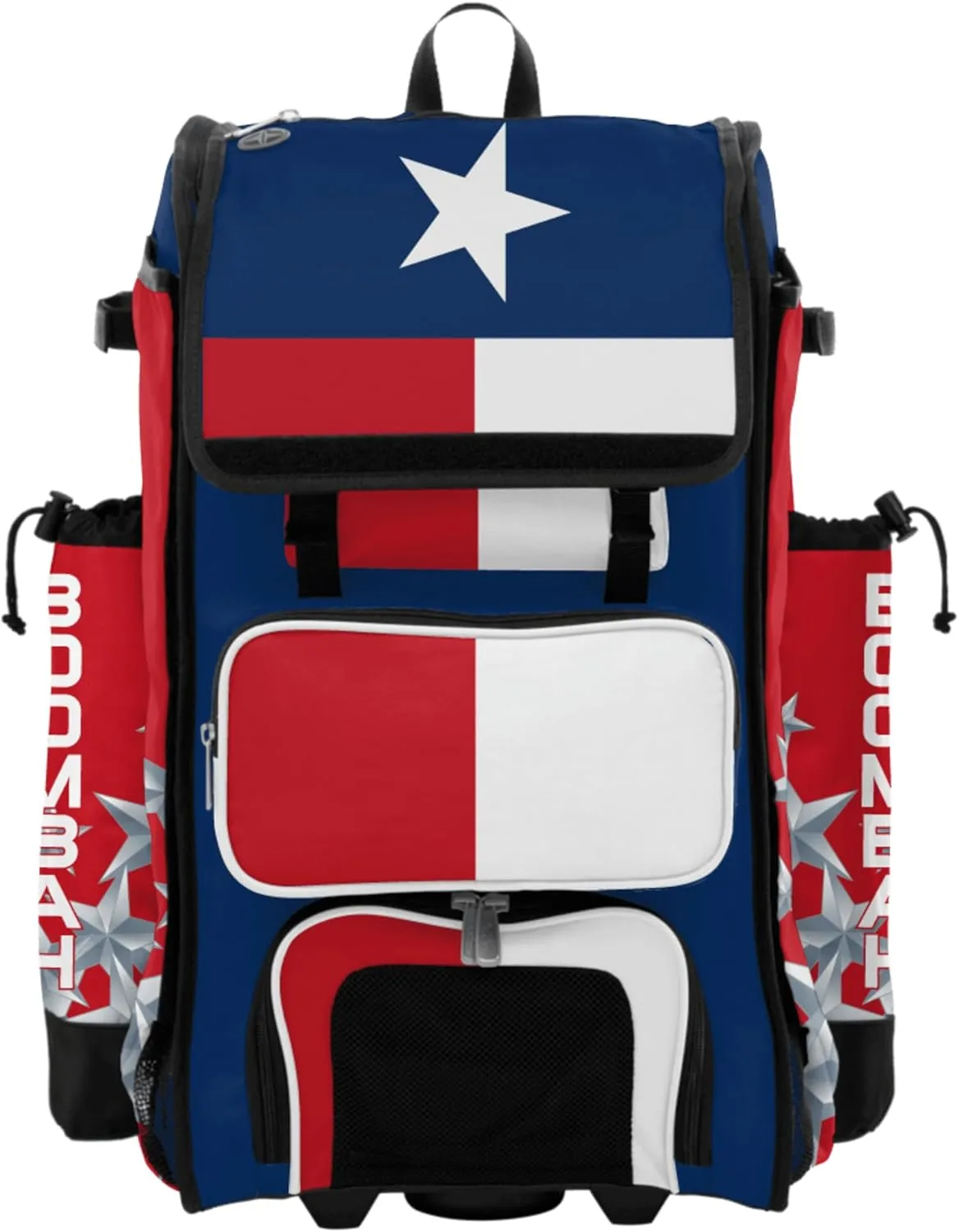 Boombah Rolling Catchers Superpack Bat Bag - 23-1/2" x 13-1/2" x 9-1/2" - Telescopic Handle - Holds 4 Bats - Wheeled Version - Texas Royal Blue/Red/White