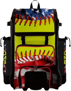 Boombah Rolling Catchers Superpack Bat Bag - 23-1/2" x 13-1/2" x 9-1/2" - Telescopic Handle - Holds 4 Bats - Wheeled Version - USA Softball Represent Red/Royal Blue/Optic Yellow