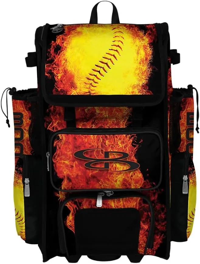 Boombah Rolling Superpack 2.0 Baseball/Softball Gear Bag - 23-1/2" x 13-1/2" x 9-1/2" - Flame Thrower Black/Orange - Telescopic Handle - Holds 4 Bats - Wheeled Version