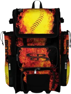 Boombah Rolling Superpack 2.0 Baseball/Softball Gear Bag - 23-1/2" x 13-1/2" x 9-1/2" - Flame Thrower Black/Orange - Telescopic Handle - Holds 4 Bats - Wheeled Version