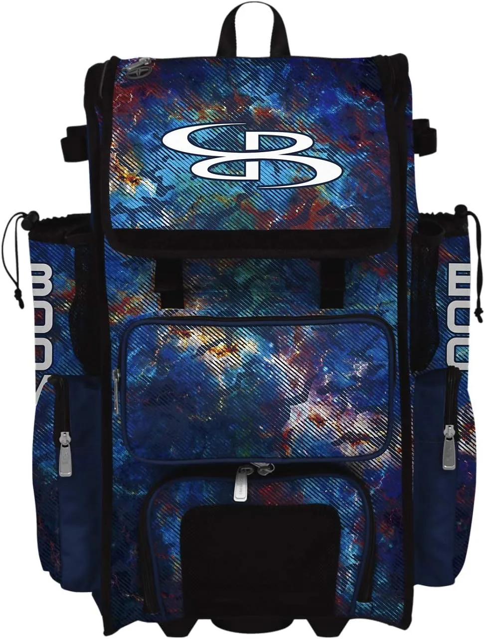 Boombah Rolling Superpack 2.0 Baseball/Softball Gear Bag - 23-1/2" x 13-1/2" x 9-1/2" - Nebula Navy/Multi - Telescopic Handle - Holds 4 Bats - Wheeled Version