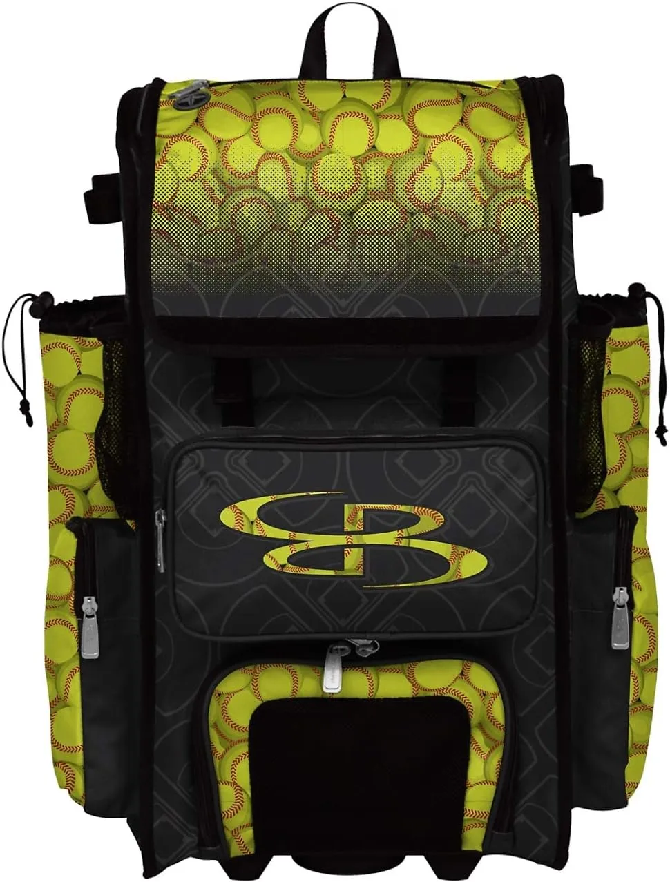 Boombah Rolling Superpack 2.0 Baseball/Softball Gear Bag - 23-1/2" x 13-1/2" x 9-1/2" - Softball Black/Optic Yellow/Red - Telescopic Handle - Holds 4 Bats - Wheeled Version