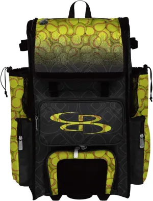 Boombah Rolling Superpack 2.0 Baseball/Softball Gear Bag - 23-1/2" x 13-1/2" x 9-1/2" - Softball Black/Optic Yellow/Red - Telescopic Handle - Holds 4 Bats - Wheeled Version