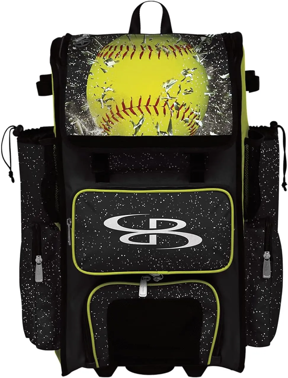 Boombah Rolling Superpack 2.0 Baseball/Softball Gear Bag - 23-1/2" x 13-1/2" x 9-1/2" - Softball Highlight Black/Optic Yellow/Red - Telescopic Handle - Holds 4 Bats - Wheeled Version