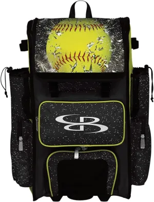 Boombah Rolling Superpack 2.0 Baseball/Softball Gear Bag - 23-1/2" x 13-1/2" x 9-1/2" - Softball Highlight Black/Optic Yellow/Red - Telescopic Handle - Holds 4 Bats - Wheeled Version