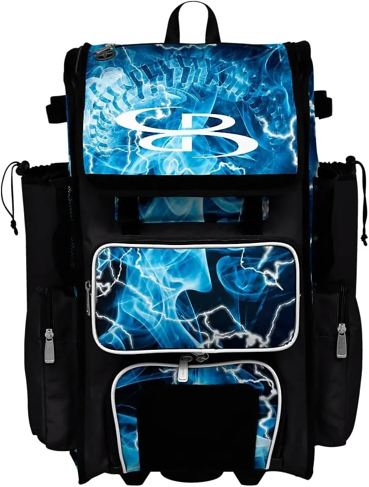 Boombah Rolling Superpack 2.0 Baseball/Softball Gear Bag - 23-1/2" x 13-1/2" x 9-1/2" - Telescopic Handle - Holds 4 Bats - Wheeled Version - The Natural 3.0 Black/White/Columbia Blue